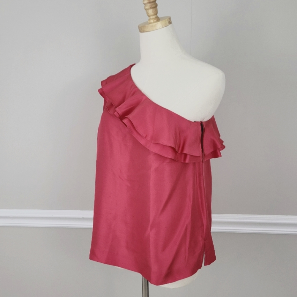J Crew 100% Silk Pink Off the Shoulder  Ruffle Top Size 4 - Picture 5 of 9